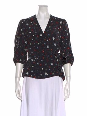 Women’s Black Floral Wrap Blouse 100% Silk